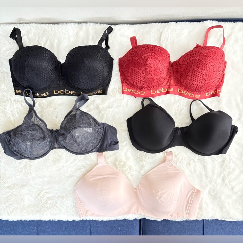 Lot / Bundle 5 Near New Bras 36DD Bali DKNY Bebe Black Red Pink Grey Lift Lace